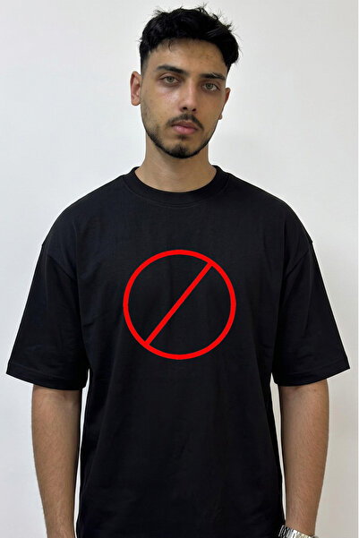 Anetos Prohibition Sign Design Printed Oversize Black T-Shirt