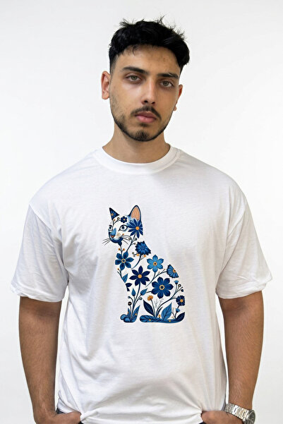 Anetos Floral Cat Design Printed Oversize White T-Shirt