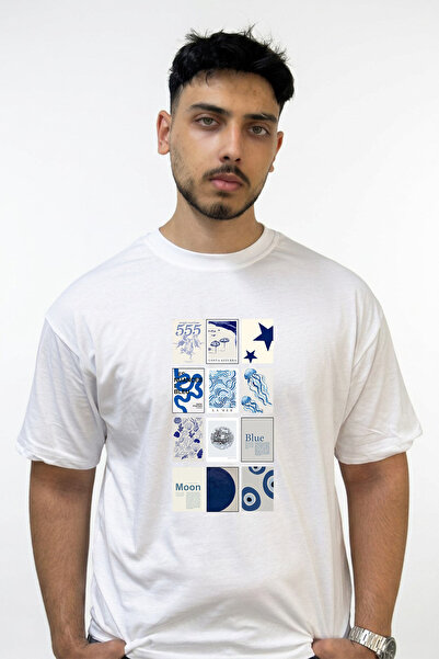 Anetos Blue Sea Design Printed Oversize White T-Shirt