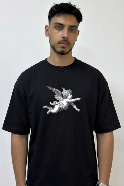 Anetos Classic Cherub Design Printed Oversize Black T-Shirt