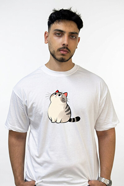 Anetos Cartoon Cat_2 Design Printed Oversize White T-Shirt