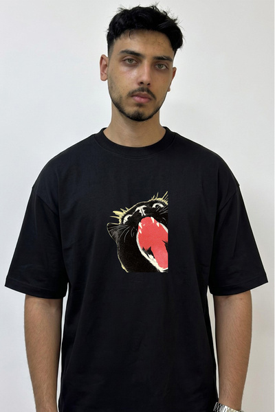 Anetos Le Chat Noir Design Printed Oversize Black T-Shirt