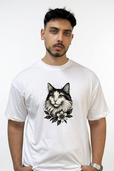 Anetos Cat Cicek Design Printed Oversize White T-Shirt