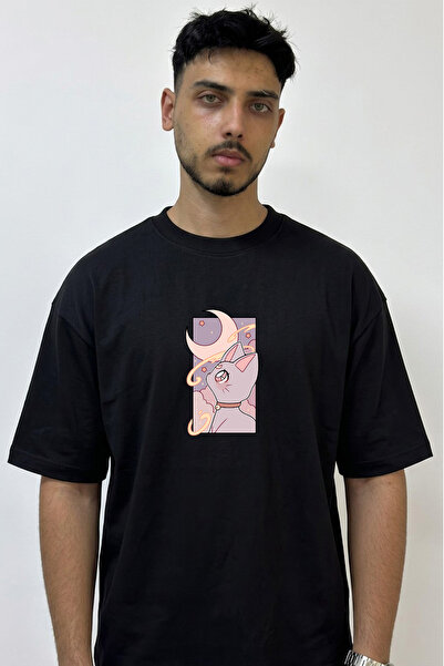 Anetos Sailor Moon Luna Design Printed Oversize Black T-Shirt