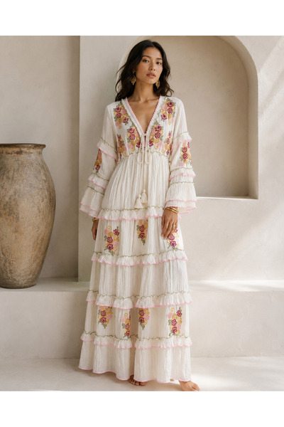 laviyonsa Embroidered Bohemian Long Cotton Viscose Lined Dress Std 36-40