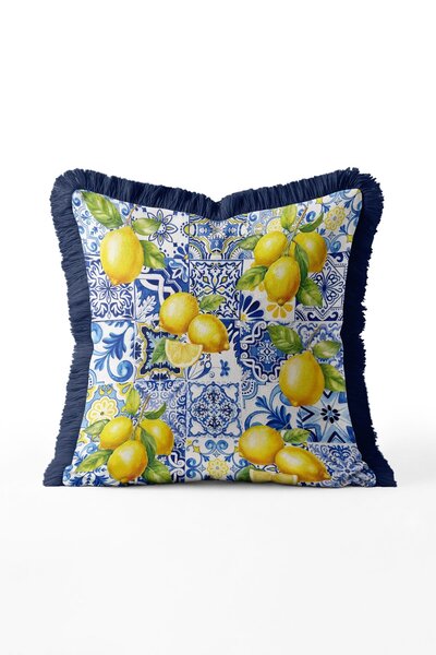 IdeCraft Mediterranean Lemon Patterned Blue Tile Patchwork Fringed Throw Pill...
