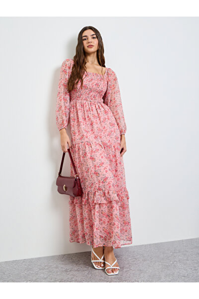 Styli Pink Floral Print Tiered Maxi Dress