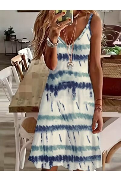 Viyamo Women's Rope Strap V-Neck Patterned Single Jersey Dress