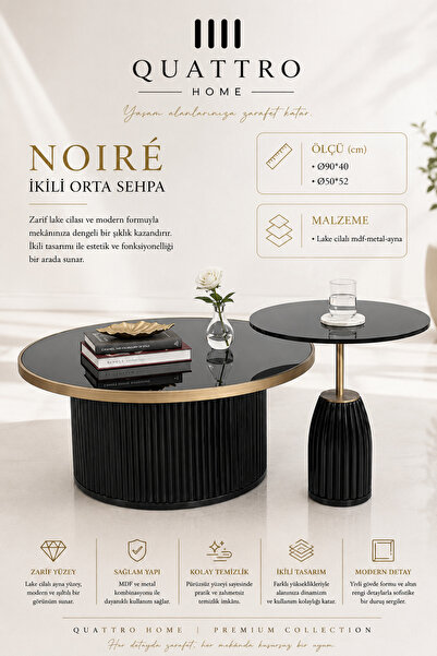 QUATTRO HOME Noiré Yuvarlak İkili Orta Sehpa Siyah Gold Lake Cilalı MDF Metal...
