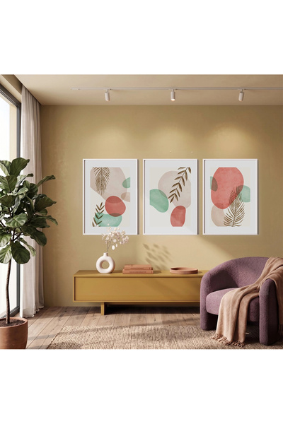 KOLAJTASARIM Pastel Abstract Leaf Forms 3-Piece White Framed Painting Set Liv...