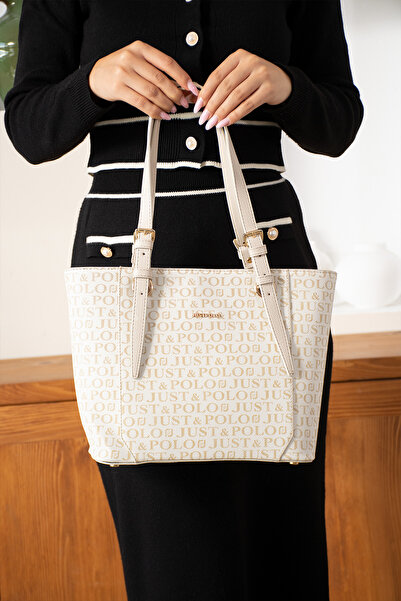 Just Polo Women's Cream Monogram Printed Large Size Women's Hand and Shoulder...