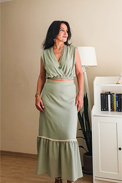 QUAŞE Pearl Detailed Cotton Skirt Blouse Double Set