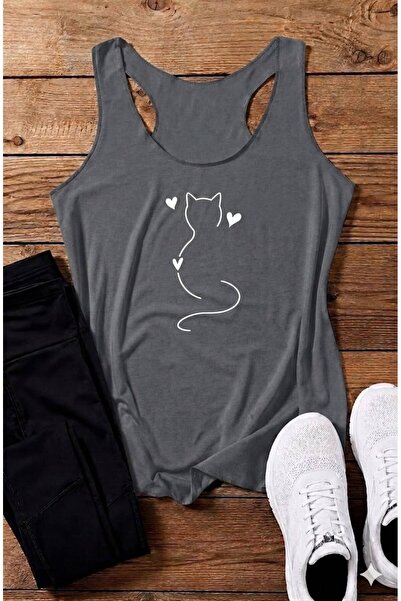 BW Bravely Wear Hearted Cat Printed Women's (Swimmer) Model Strappy T-Shirt