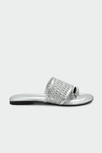 LAMİNTA Keid Knitted Detailed Flip-Flop Women's Flat Silver Slippers