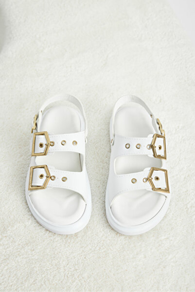 Tonny Black Women's White Rubber Sole Double-Striped Buckle Detailed Sandals
