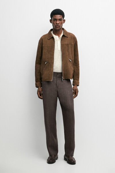 Massimo Dutti %100 keten çizgili straight fit pantolon
