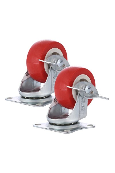 Lawazim BMB 2-Piece 50mm Red PVC Swivel Casters with Brake Plate Mount 60kg T...