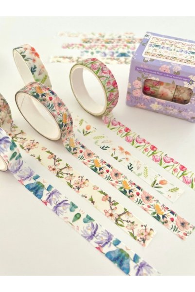 Kağıt Gemi Dükkan Spring Flower Love Bahar Çiçekleri Temalı 5'li Washi Bant Set (5*2m)/Masking Tape/Desenli Bant