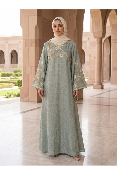 Finelook Floral Gold & Pearl Embroidered Jalabiya | Wrap-Style V-Neck Kaftan ...
