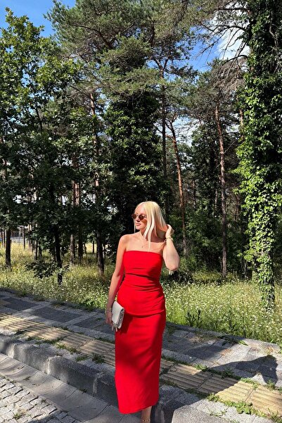 lizge giyim STRAPLEZ MİDİ ELBİSE