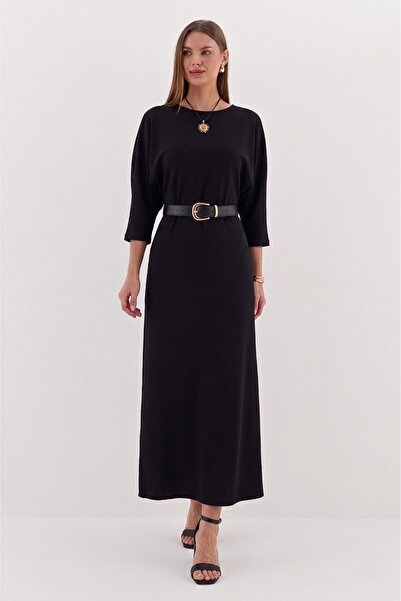 Shopping Shop Batwing sleeve belted dress - black