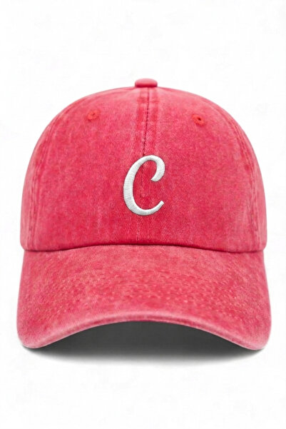 ŞapkaMania Red Embroidered Washable Vintage Unisex Hat with Letter C
