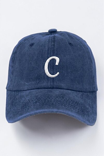 ŞapkaMania Letter C Navy Blue Embroidered Washable Vintage Unisex Hat