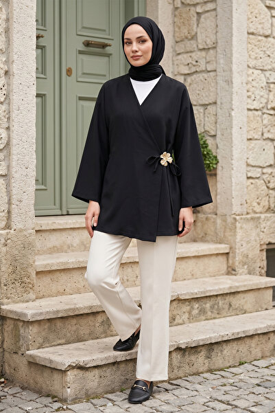 FERHEL Kimono cu legături laterale pentru femei - Negru