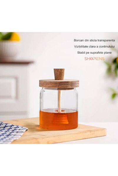 SHOPIENS Borcan de miere din sticlă 450ml cu capac din lemn și linguriță inte...