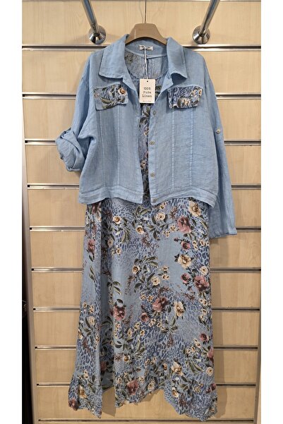 Park Moda Italian Linen Dress with Jacket, Sleeveless Inside, Floral Pattern