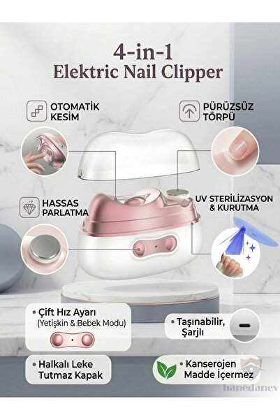 Hanedanev 4'ü 1 Arada Şarjlı Tırnak Makası Bakım Seti Otomatik Kesim, Törpüle...