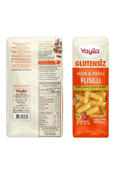 Yayla Glutensiz Mısırlı Pirinçli Fusilli Makarna 400 G.