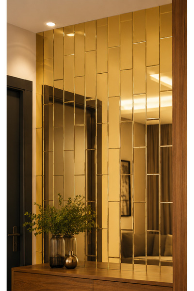 Ayna Dekoratif Tuğla Desenli Gold(altın) Pleksi 5 Adet 5x10cm Kendinden Yapış...