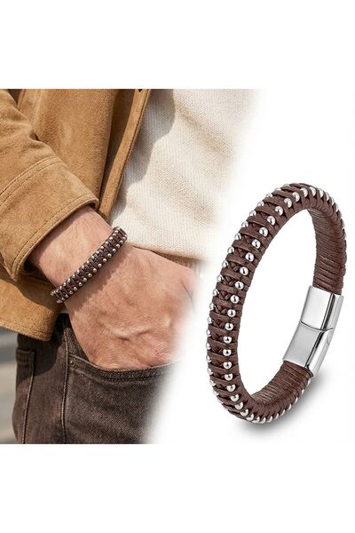 OGHAMAY Brown Leather and Drop Steel Chain Bracelet 18394B1D2-3