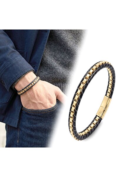 OGHAMAY Yellow Steel Chain Braided and Leather Men's Bracelet 18394B24D4
