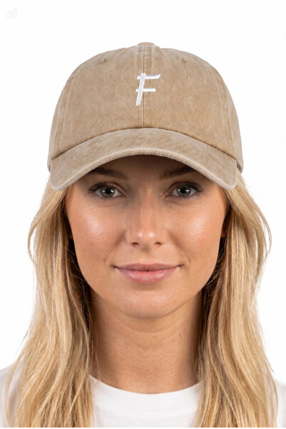 ŞapkaMania Beige Embroidered Washable Vintage Unisex Hat with Letter F