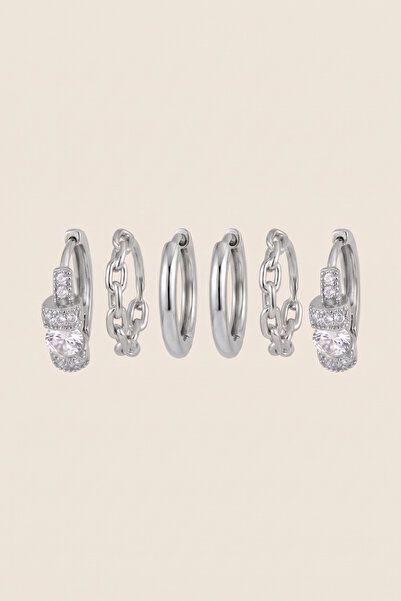 Hetra Silver Color Steel Zircon Stone Chain and Solitaire Detailed 6-Piece Ho...