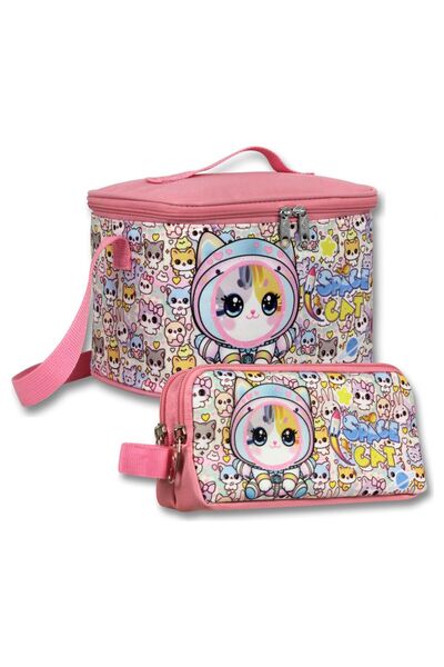ÜMİT ÇANTA Insulated Lunch Box and Pen Holder Set (Pink - White) Girl's Astro...