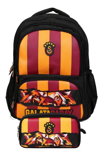 Galatasaray Double School Bag and Pencil Case Set Black - Red (Gs Lion Printe...
