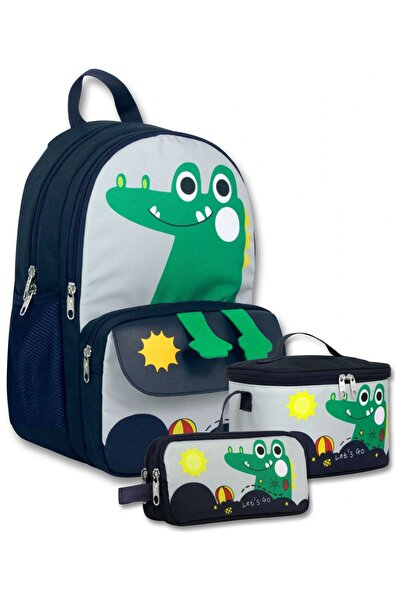 ÜMİT ÇANTA Boy's Cute Crocodile Printed Triple Primary School School Bag Set ...