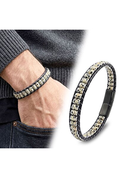 OGHAMAY Dalmatian Jasper & Hematite Steel Braided Leather Bracelet 18392B22D3