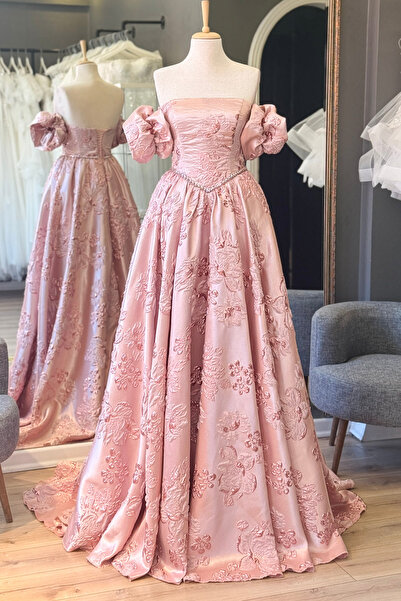 Lenta Moda Pudra Düz Yaka Kuyruklu Brokar Abiye Ve Kına Elbisesi