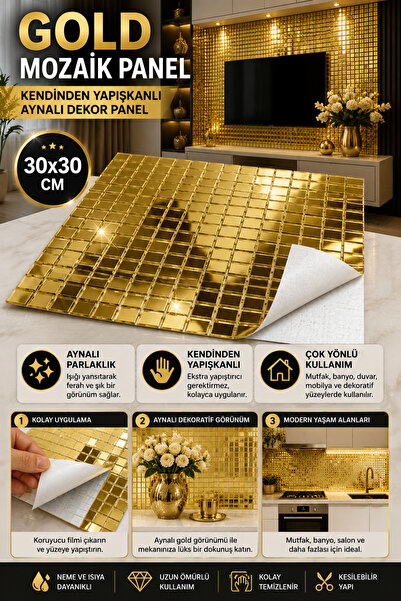 Hane Dostu Kare Gold Cam Mozaik Fayans Çıkartması Kendinden Yapışkanlı Aynalı...
