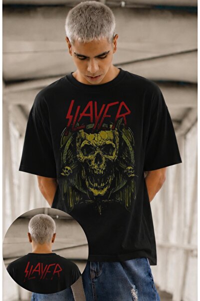 Fuddy Moda Tricou unisex oversize cu imprimeu Slayer, cu guler rotund