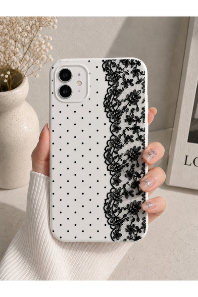 OVADA İphone 11 Uyumlu Puantiye Ve Dantel Desenli Silikon Telefon Kılıfı