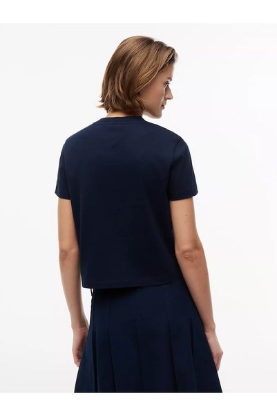 Tommy Hilfiger Kadın İkonik Bayrak Logo Detaylı Normal Kalıp Kısa Kollu Lacivert T-Shirt