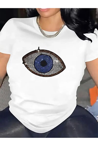 17TAKI Short Sleeve T-Shirt with Rhinestone Evil Eye Design, Fabric, Lightwei...