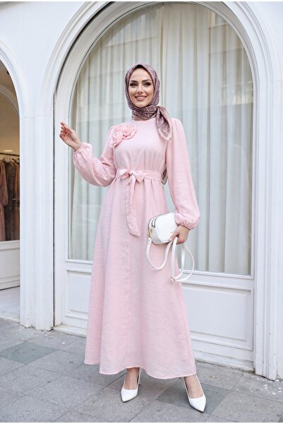Modamorfo Brooch Detailed Belted Lined Balloon Sleeve Tulle Voile Dress -Powder