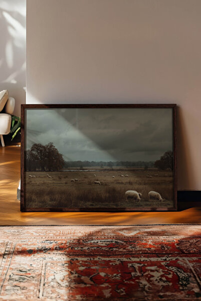 Zestia Vintage Horizontal Wall Art, Green Valley Sheep Pasture, Brown Framed ...
