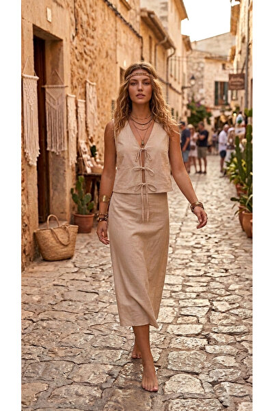 Die&More Women's Casual Lined Skirt Blouse Linen Look Tencel 2-Piece Set